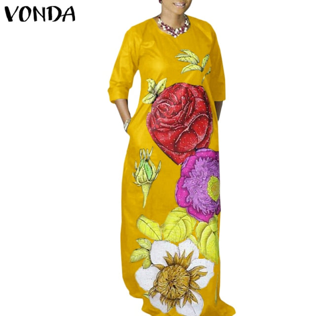 Bohemian Dress 2021 VONDA Autumn Women Long Sleeve Party Dress Casual Loose Floral Print Maxi Dress Vestido Robe Femme Plus Size