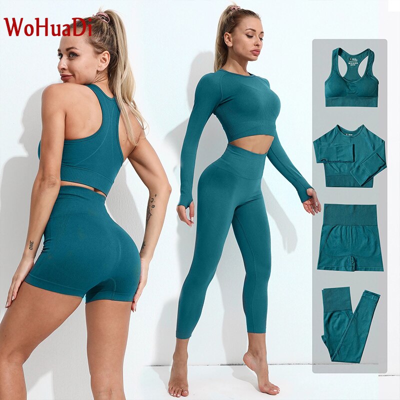 WOHUADI New 2/3/4PCS Seamless Women Yoga Set Workout Sportswear Gym Clothes Fitness Long Sleeve Crop Top Leggings Sports Suit