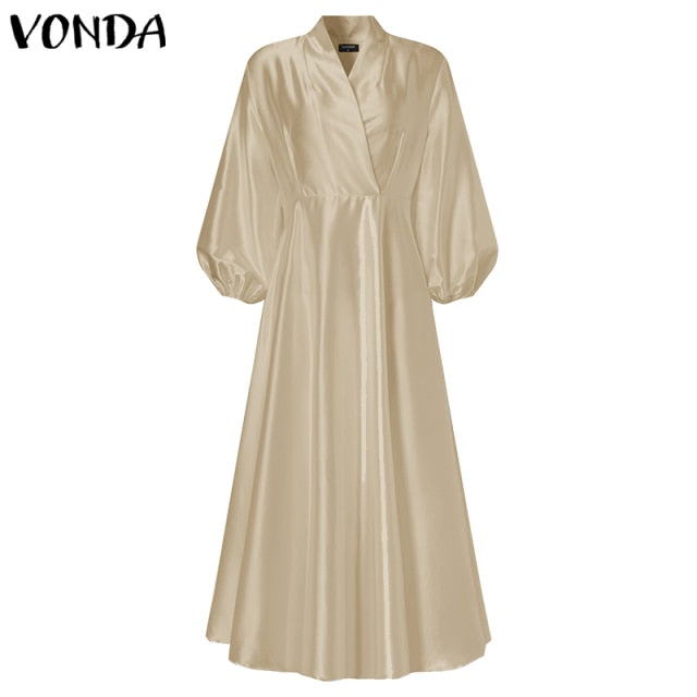 Women Autumn Long Maxi Party Dress 2021 VONDA Sexy V Neck Long Sleeve Solid Dresses Bohemian Vestidos Femme Satin Slik Sundress