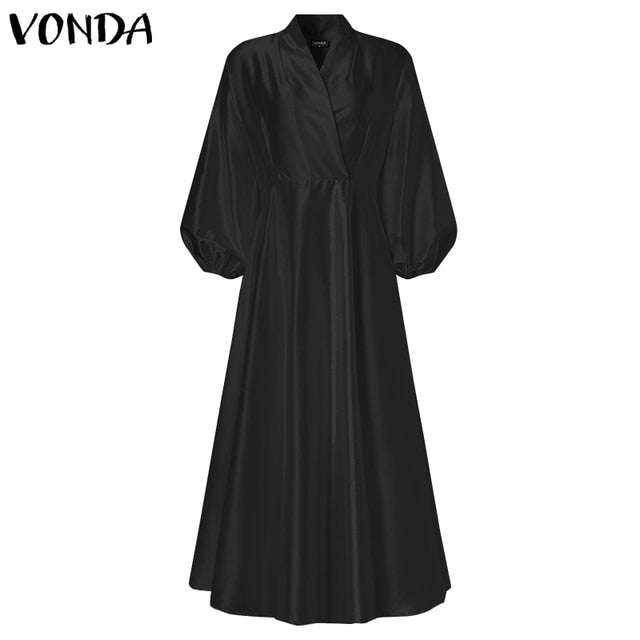 Women Autumn Long Maxi Party Dress 2021 VONDA Sexy V Neck Long Sleeve Solid Dresses Bohemian Vestidos Femme Satin Slik Sundress