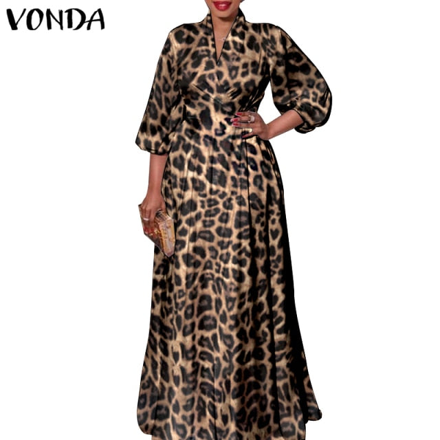 Women Autumn Long Maxi Party Dress 2021 VONDA Sexy V Neck Long Sleeve Solid Dresses Bohemian Vestidos Femme Satin Slik Sundress