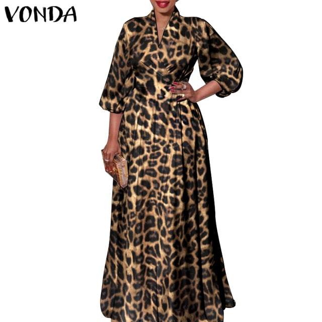 Women Autumn Long Maxi Party Dress 2021 VONDA Sexy V Neck Long Sleeve Solid Dresses Bohemian Vestidos Femme Satin Slik Sundress