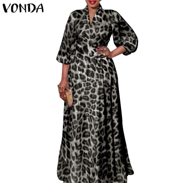 Women Autumn Long Maxi Party Dress 2021 VONDA Sexy V Neck Long Sleeve Solid Dresses Bohemian Vestidos Femme Satin Slik Sundress