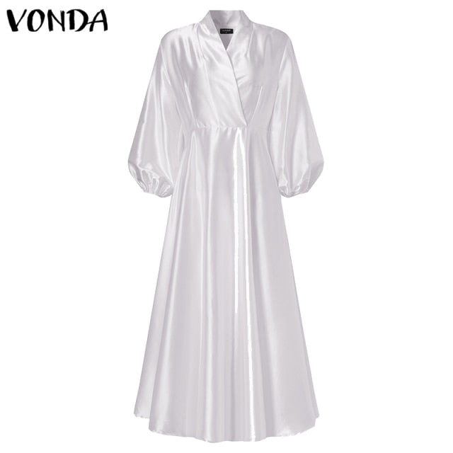 Women Autumn Long Maxi Party Dress 2021 VONDA Sexy V Neck Long Sleeve Solid Dresses Bohemian Vestidos Femme Satin Slik Sundress