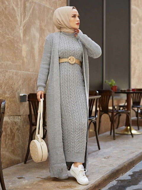 Women Dress New Season Autumn Winter 2 Piece Hijab Knitwear Suit Islamic Muslim Clothing Long Cardigan Model Made in Turkey