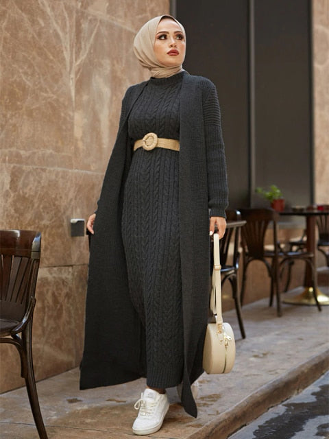 Women Dress New Season Autumn Winter 2 Piece Hijab Knitwear Suit Islamic Muslim Clothing Long Cardigan Model Made in Turkey