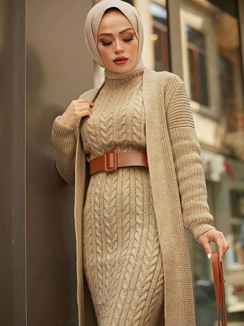 Women Dress New Season Autumn Winter 2 Piece Hijab Knitwear Suit Islamic Muslim Clothing Long Cardigan Model Made in Turkey