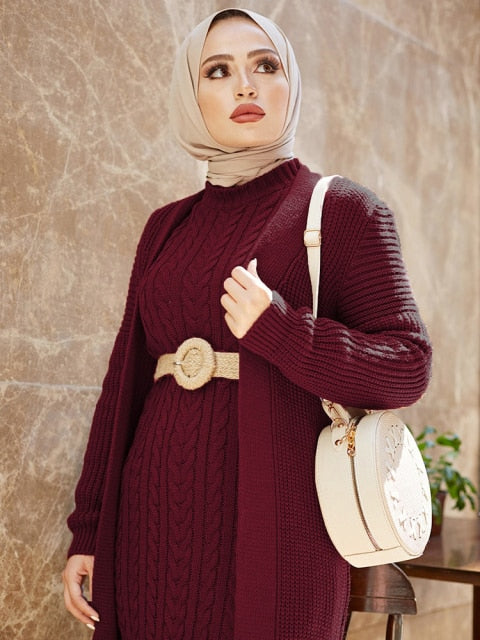 Women Dress New Season Autumn Winter 2 Piece Hijab Knitwear Suit Islamic Muslim Clothing Long Cardigan Model Made in Turkey