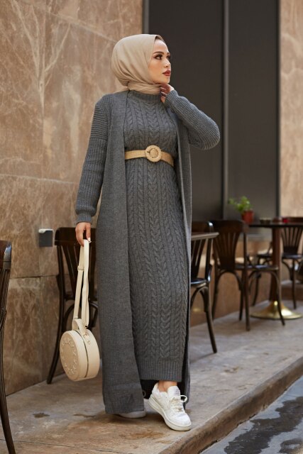 Knitted Cardigan Suit Muslim Fashion Dress Abayas For Women Dubai Abaya Turkish Long Islam Clothing Musulman Autumun 2022 Winter