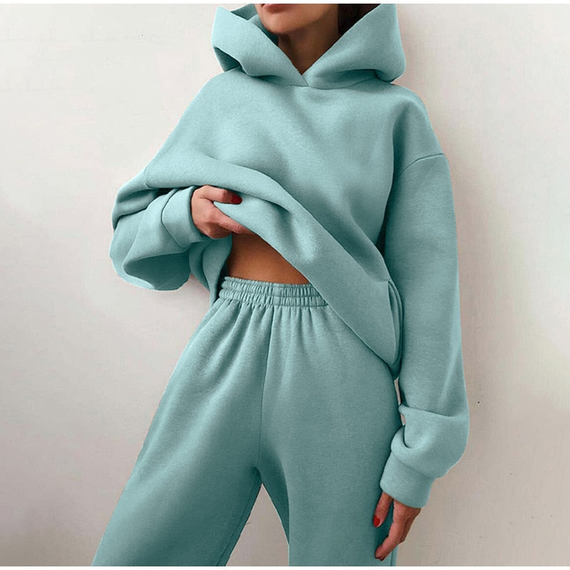 Women's Tracksuit Fleece Sweatshirts Two Piece Set Oversized Sports Hoodied Suit