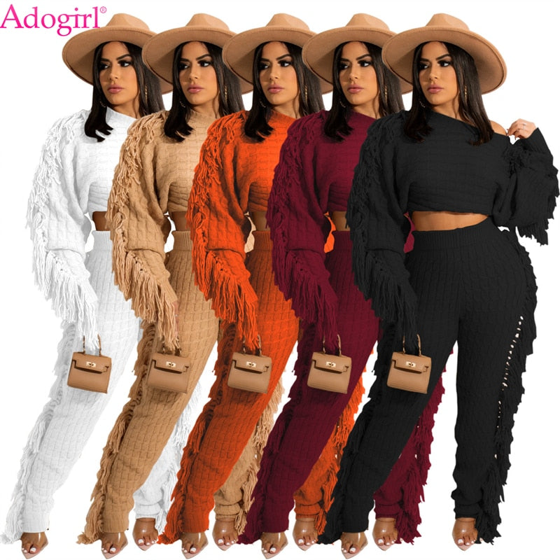 Adogirl Tassel Sweater Two Piece Set 2021 Autumn Winter Women Solid Long Sleeve Crop Top And Pants Rib Knitted Suits Tracksuit