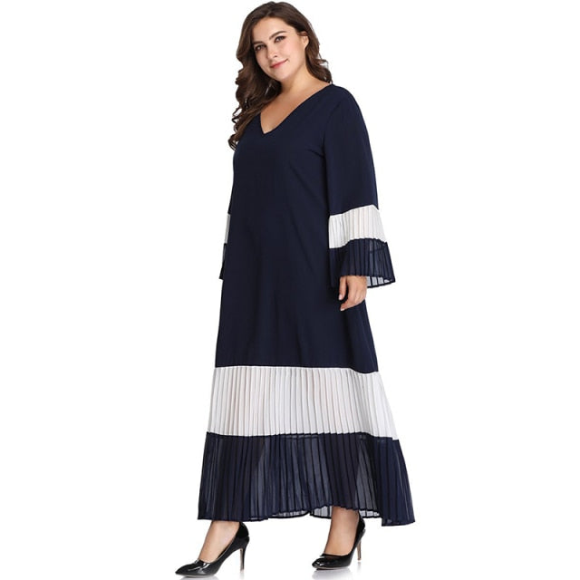 Maxi Dress Plus Size 4xl Long Sleeve Flared Pleated Evening Dresses Casual Elegant Large A Line V Neck Women Clothing For Party