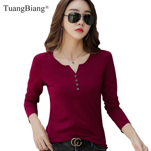 Autumn Winter long sleeve V-Neck Cotton T-Shirts Single breasted Burgundy Women T Shirts