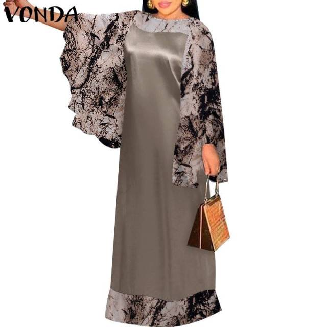 VONDA Autumn Long Maxi Dress Women Baggy O Neck Flare Sleeve Printed Pleated Vestido Vintage Robe Longue Oversize Beach Sundress