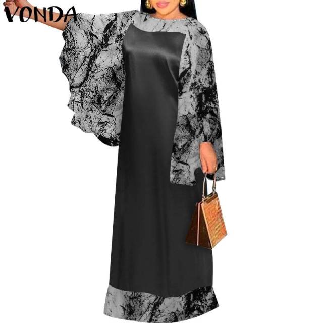 VONDA Autumn Long Maxi Dress Women Baggy O Neck Flare Sleeve Printed Pleated Vestido Vintage Robe Longue Oversize Beach Sundress