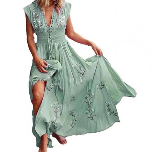 Women Maxi Dress Summer Women Ruffled Short-sleeved Chiffon Dress Sleeveless V Neck Floral Print Large Hem Long Dress for Party