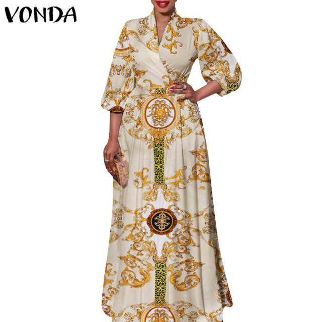 VONDA 2021 Women Long Dress, 3/4 Sleeve Vintage Printed Pleated Dress Bohemian Vestidos Casual Party Robe Beach Sundress