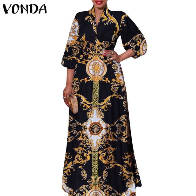 VONDA 2021 Women Long Dress, 3/4 Sleeve Vintage Printed Pleated Dress Bohemian Vestidos Casual Party Robe Beach Sundress