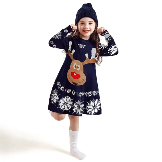 Girls Christmas Dress Full Sleeve Elk Snowflake Print New Year Costume Princess Dress Children Clothes Party Dresses For Girls