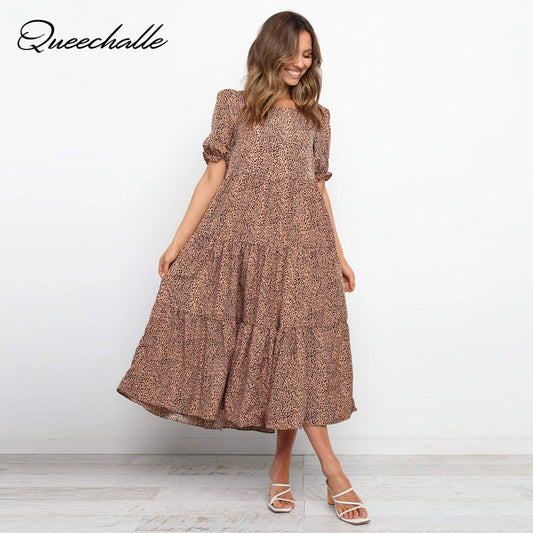 Summer Sundress Brown Pleated Long Dress Polka Dot Casual Dresses Women's New 2021 Elegant Vacation Clothes For Woman Party Robe