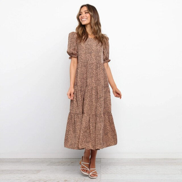 Summer Sundress Brown Pleated Long Dress Polka Dot Casual Dresses Women's New 2021 Elegant Vacation Clothes For Woman Party Robe