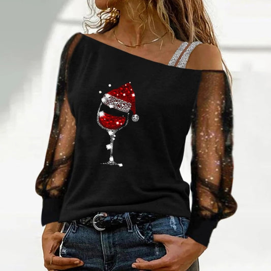 Womens Blouses Sexy Lace Long Sleeves Skew Collar Off Shoulder Patchwork Tee Tops Casual Print Blouses 2021 Christmas Clothes