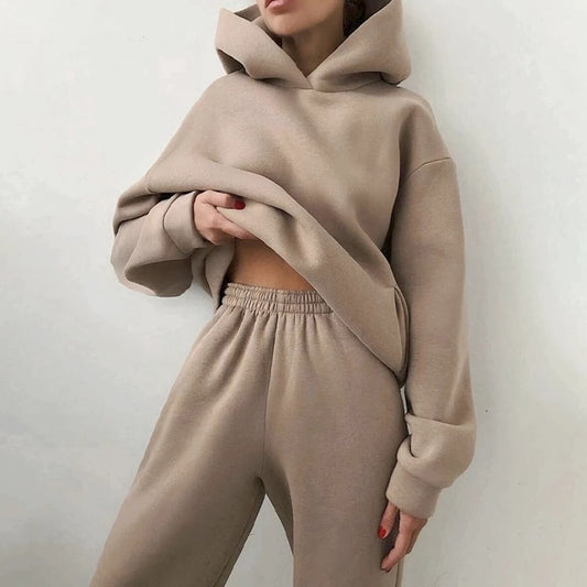 Women Fleece Two Piece Sets Elegant Solid Color Oversized Warm Hoodies and Long Pant Sports