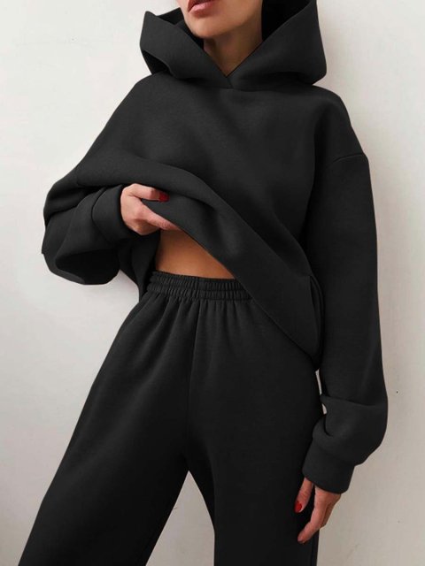 Women Fleece Two Piece Sets Elegant Solid Color Oversized Warm Hoodies and Long Pant Sports