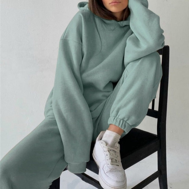 Women Fleece Two Piece Sets Elegant Solid Color Oversized Warm Hoodies and Long Pant Sports