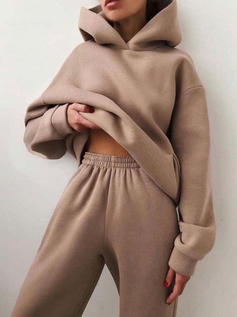 Women Fleece Two Piece Sets Elegant Solid Color Oversized Warm Hoodies and Long Pant Sports