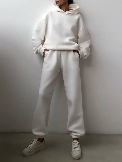 Women Fleece Two Piece Sets Elegant Solid Color Oversized Warm Hoodies and Long Pant Sports