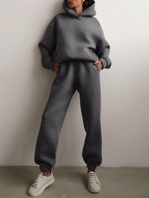 Women Fleece Two Piece Sets Elegant Solid Color Oversized Warm Hoodies and Long Pant Sports