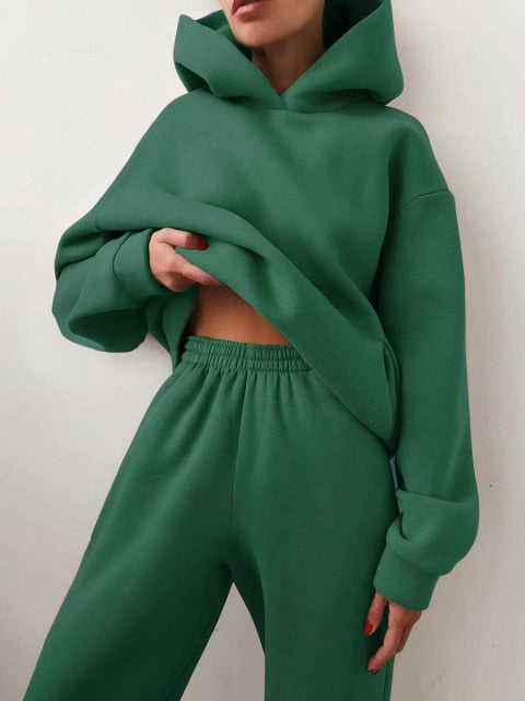 Women Fleece Two Piece Sets Elegant Solid Color Oversized Warm Hoodies and Long Pant Sports