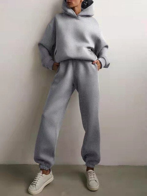 Women's Tracksuit Casual Solid Long Sleeve Hooded Sport Suits Autumn Warm Hoodie Sweatshirts and Long Pant Fleece Two Piece Sets