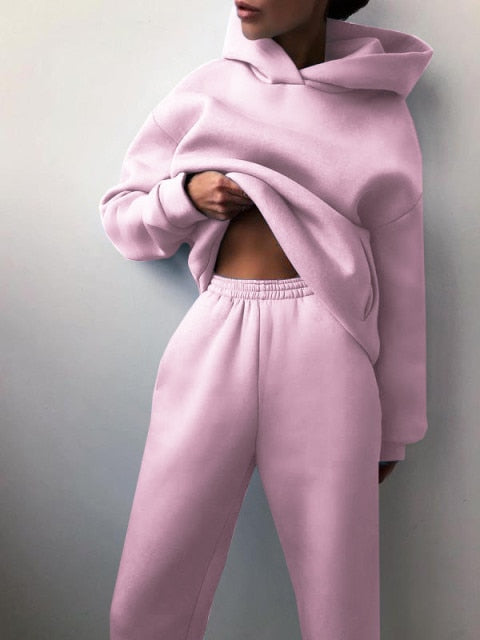 Women's Tracksuit Casual Solid Long Sleeve Hooded Sport Suits Autumn Warm Hoodie Sweatshirts and Long Pant Fleece Two Piece Sets