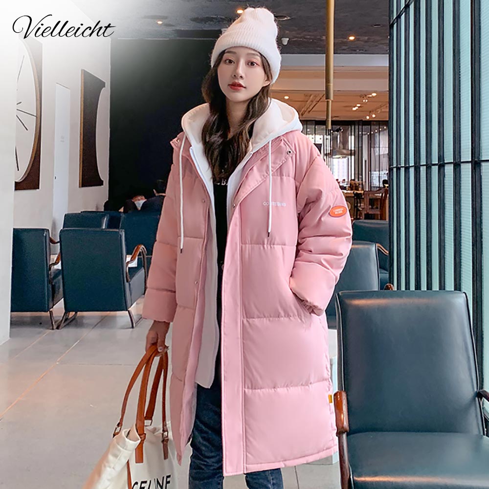 Vielleicht 2021 Snow Wear Long Winter Coat Women Spliced Hooded Warm Parkas Female Hooded Padded Winter Jackets Women Clothing