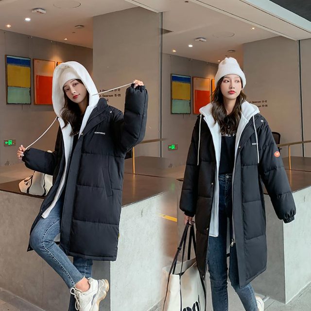 Vielleicht 2021 Snow Wear Long Winter Coat Women Spliced Hooded Warm Parkas Female Hooded Padded Winter Jackets Women Clothing