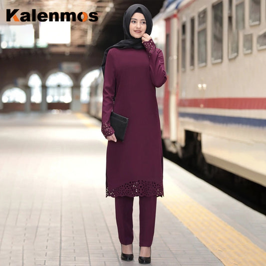 Plus Size 3xl Muslim 2Pecs Tops Pants Sets Women Ramadan Eid Turkey Abaya Dress Africa Kaftan Islamic Pakistan UAE Dubai Ropa