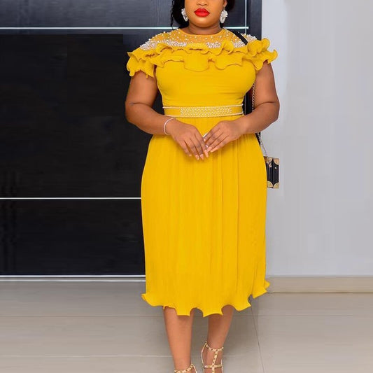 Classy Women Chiffon Dresses Beading Ruffles Pleated Dress Big Size 3XL 4XL Africa Fashion Summer White Yellow Birthday Outfits