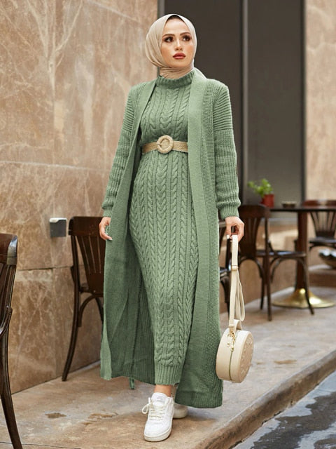 Women Dress New Season Autumn Winter 2 Piece Hijab Knitwear Suit Islamic Muslim Clothing Long Cardigan Model Made in Turkey