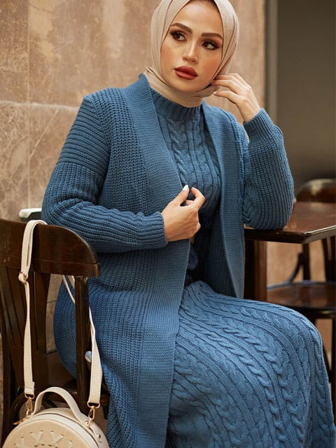 Women Dress New Season Autumn Winter 2 Piece Hijab Knitwear Suit Islamic Muslim Clothing Long Cardigan Model Made in Turkey