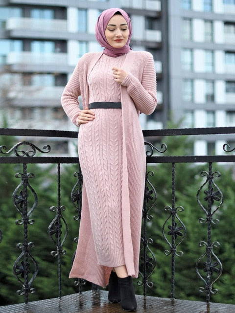 Women Dress New Season Autumn Winter 2 Piece Hijab Knitwear Suit Islamic Muslim Clothing Long Cardigan Model Made in Turkey