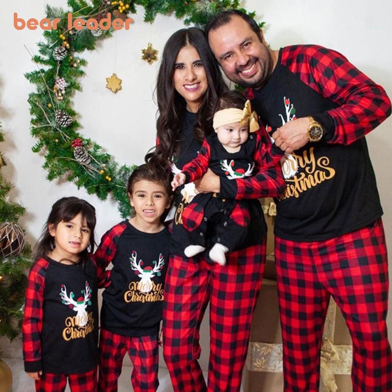 Bear Leader Christmas Father Mother Kids Clothes Top+Pants Family Matching Outfit Lattice Xmas Sleepwear Pj's Set Baby Romper