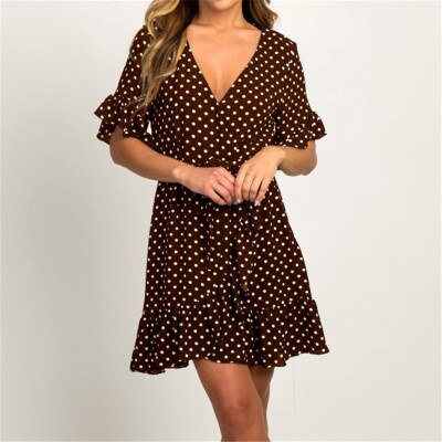 Summer Chiffon Dress 2020 Boho Style Beach Dress Fashion Short Sleeve V-neck Polka Dot A-line Party Dress Sundress