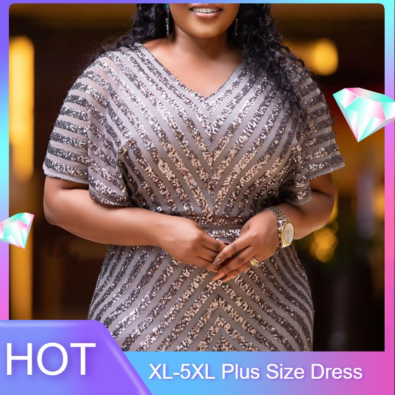 Plus Size Evening Party Dress For Women 3XL Elegant Wedding Dinner Formal Clothing Simple Design Sequin Long Dresses Large Sizes