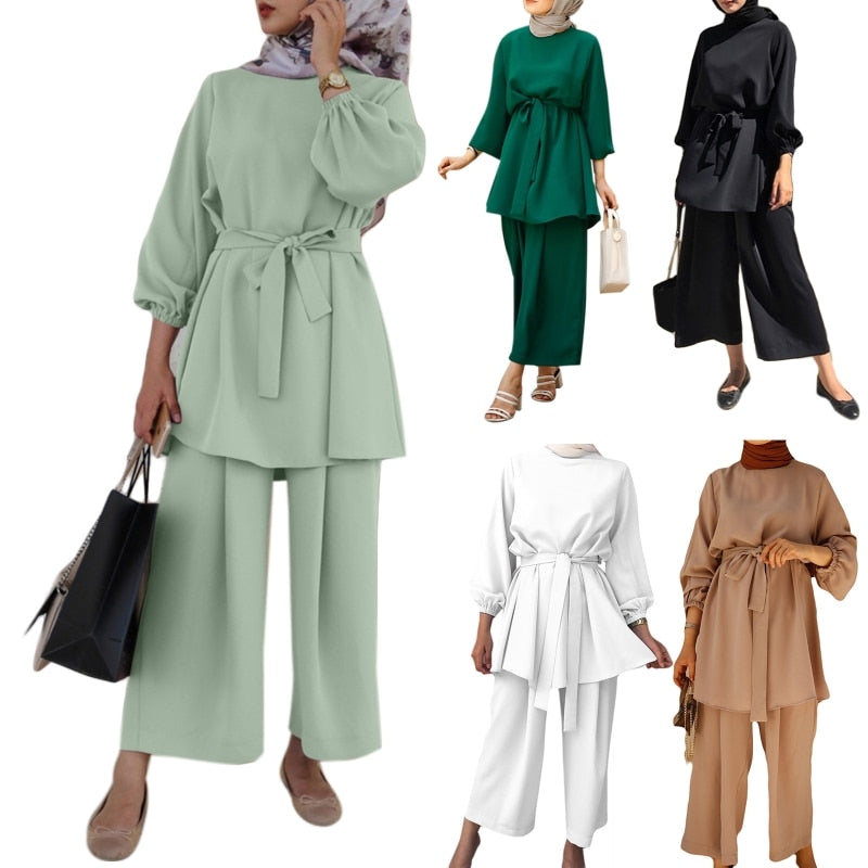 Women Muslim Summer Solid Outfit Long Sleeve Belted Tunic Tops Wide Leg Pants