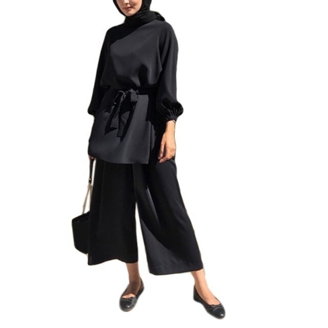 Women Muslim Summer Solid Outfit Long Sleeve Belted Tunic Tops Wide Leg Pants