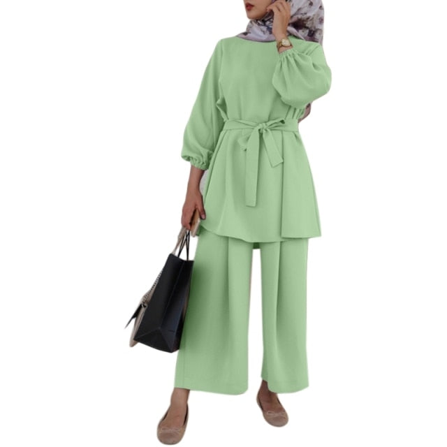 Women Muslim Summer Solid Outfit Long Sleeve Belted Tunic Tops Wide Leg Pants