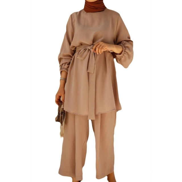 Women Muslim Summer Solid Outfit Long Sleeve Belted Tunic Tops Wide Leg Pants