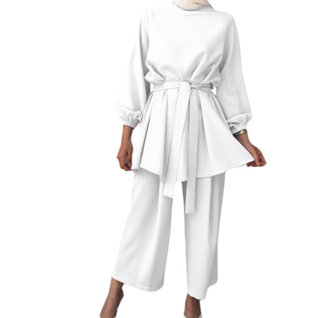 Women Muslim Summer Solid Outfit Long Sleeve Belted Tunic Tops Wide Leg Pants